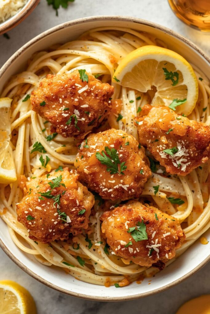 Golden Garlic Chicken Bites Over Creamy Parmesan Pasta