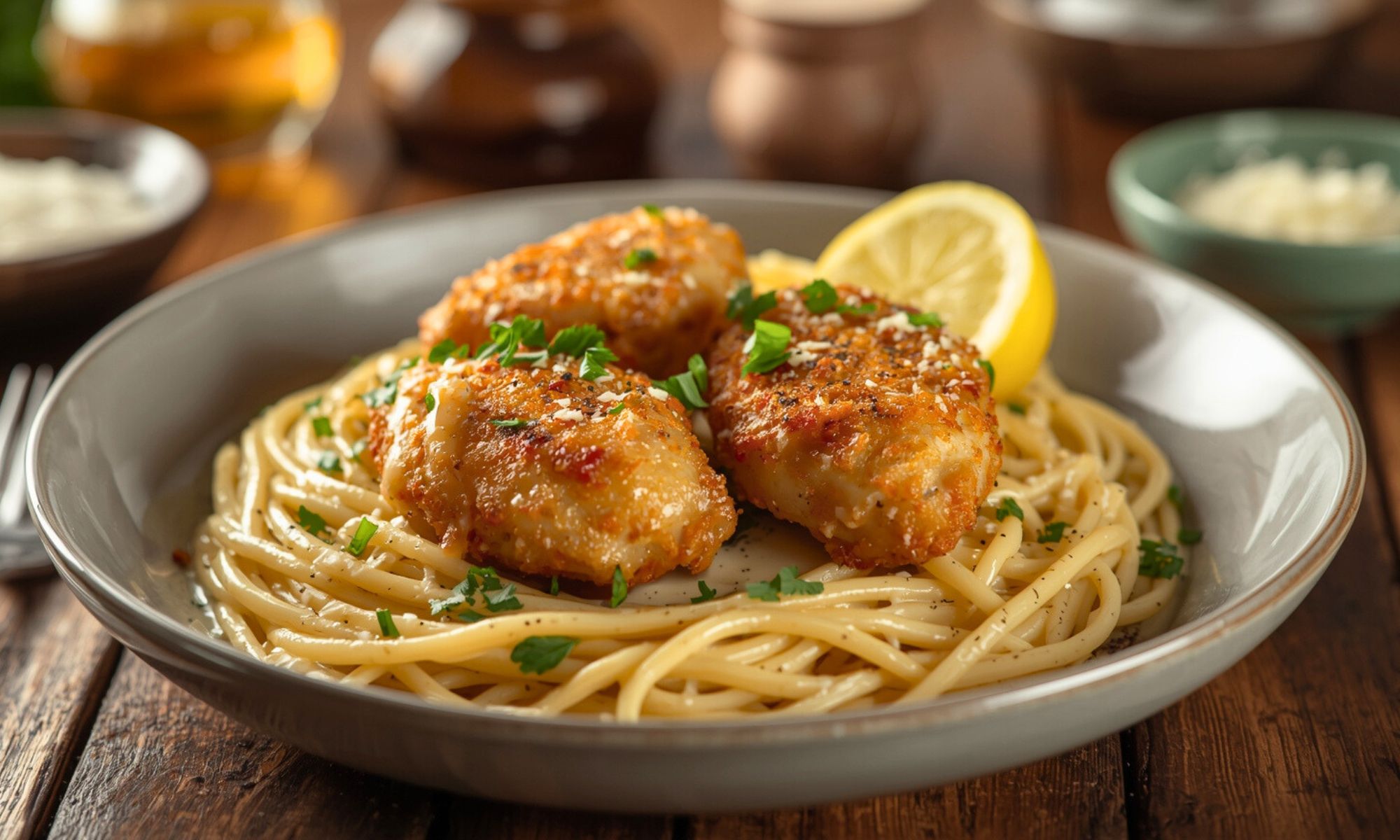 Golden Garlic Chicken Bites Over Creamy Parmesan Pasta