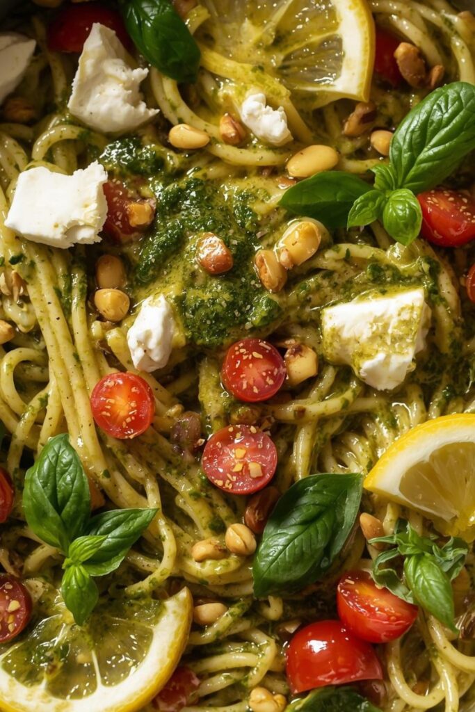 One Pot Melty Burrata Lemon Pesto Pasta