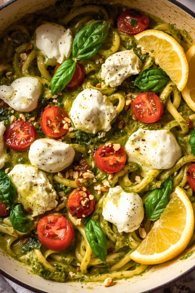 One Pot Melty Burrata Lemon Pesto Pasta