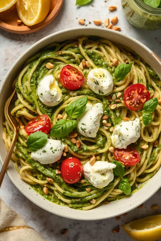 One Pot Melty Burrata Lemon Pesto Pasta