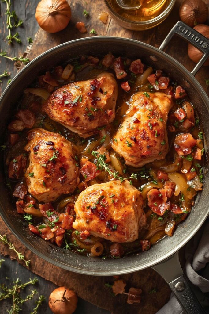 Savory Chicken Fricassee With Crispy Bacon and Caramelized Shallots