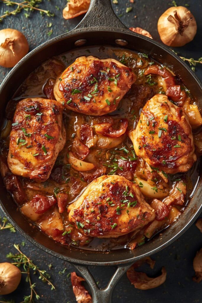 Savory Chicken Fricassee With Crispy Bacon and Caramelized Shallots