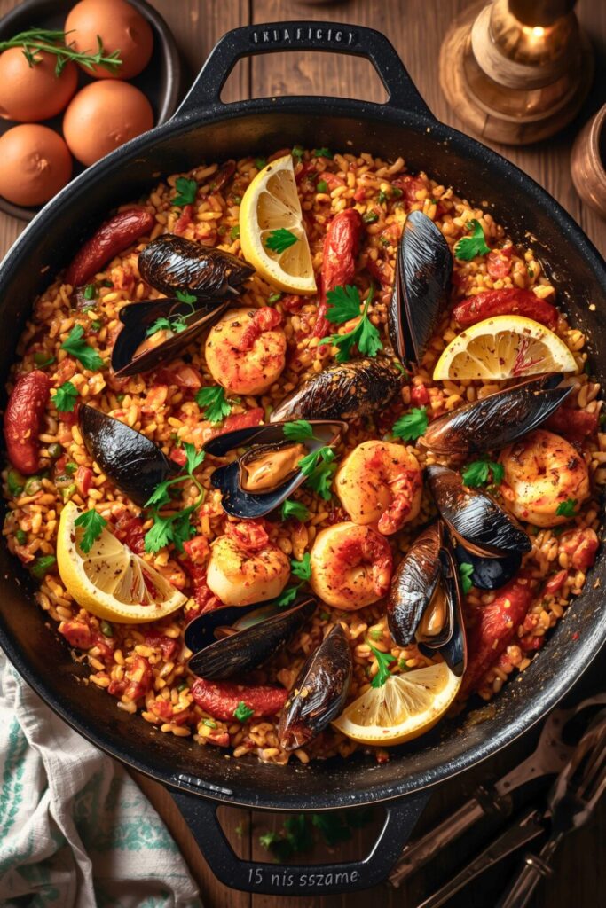 Skillet Grilled Seafood and Chorizo Paella