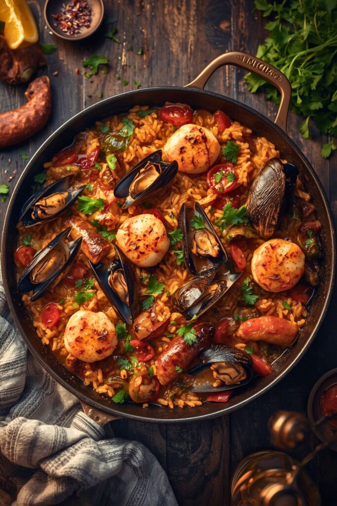 Skillet Grilled Seafood and Chorizo Paella