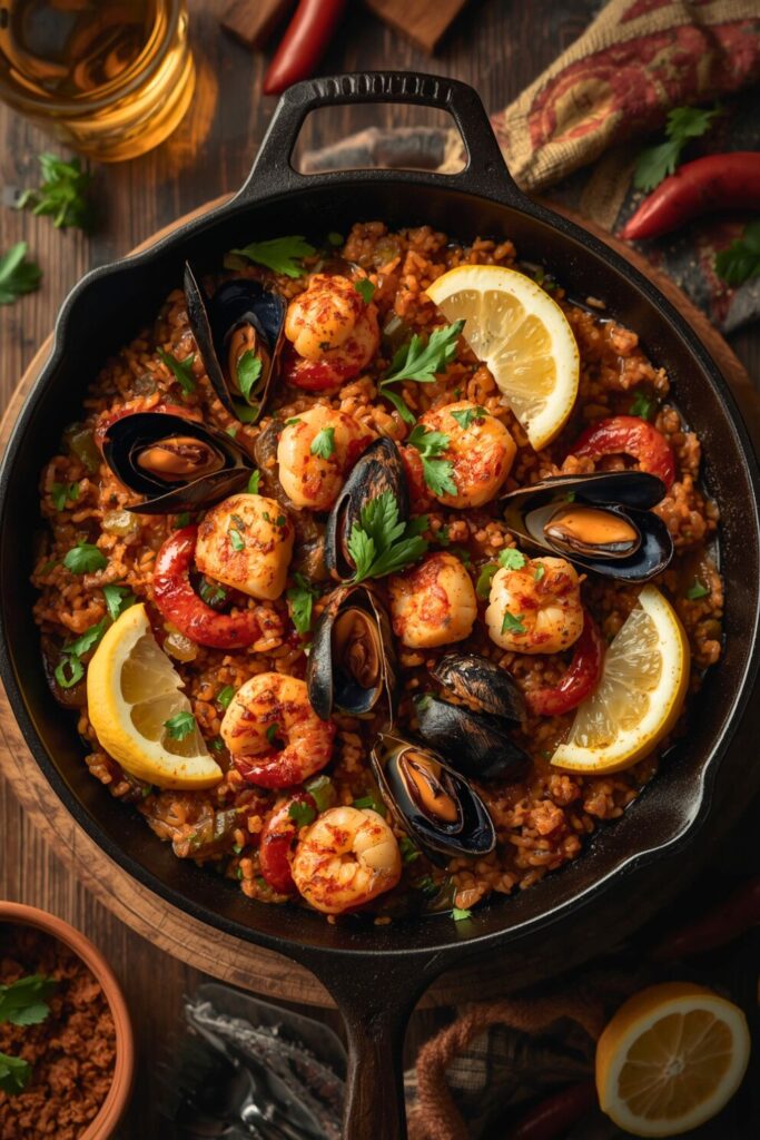 Skillet Grilled Seafood and Chorizo Paella