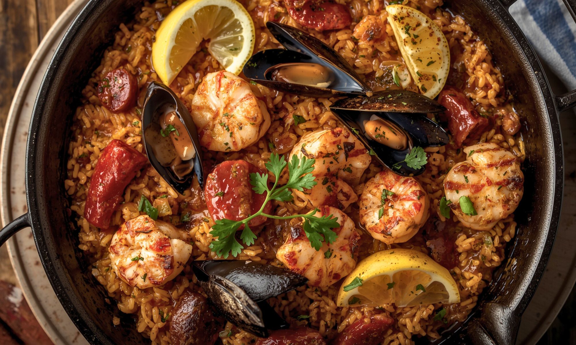 Skillet Grilled Seafood and Chorizo Paella