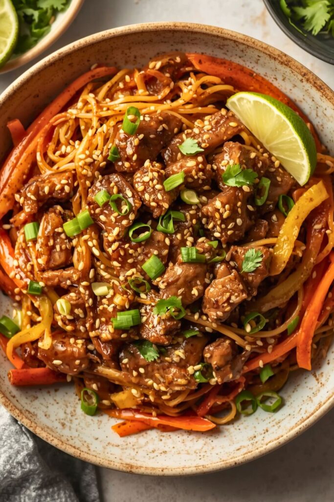 Stir Fried Korean Beef And Toasted Sesame Noodles