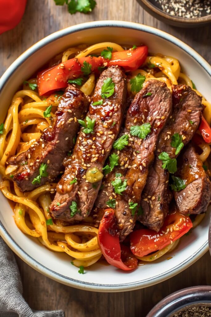 Sweet and Spicy Garlic Steak Pasta