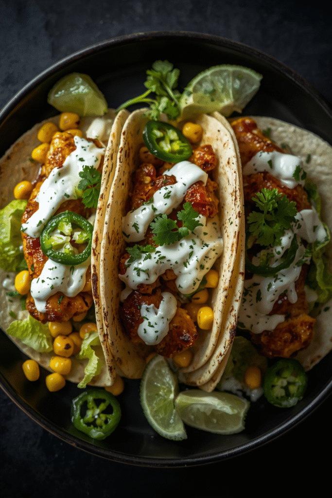 Tacos di petto brasato con mais arrostito e salsa ranch al lime e jalapeño