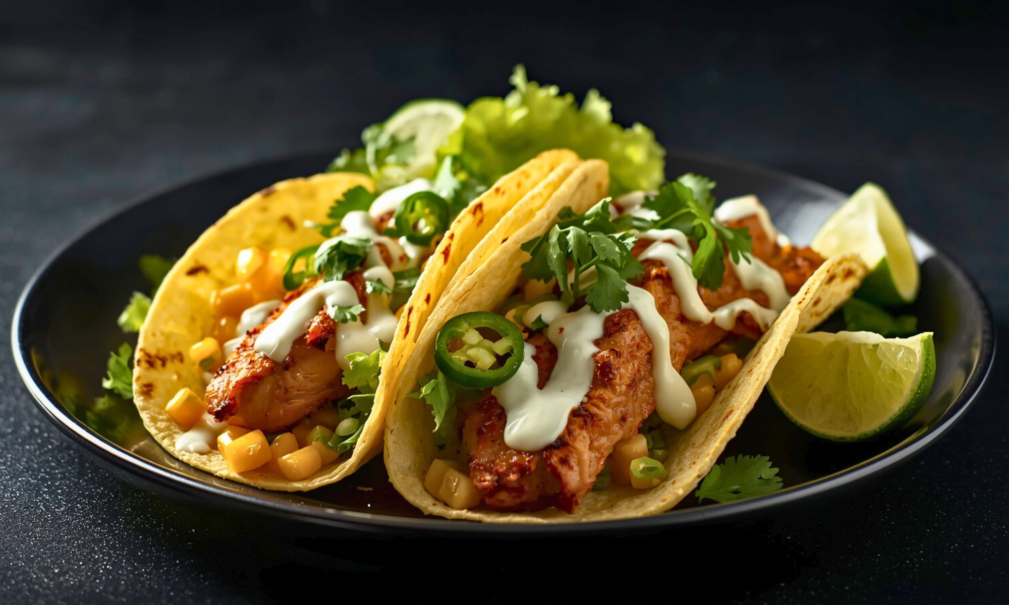 Tacos di petto brasato con mais arrostito e salsa ranch al lime e jalapeño