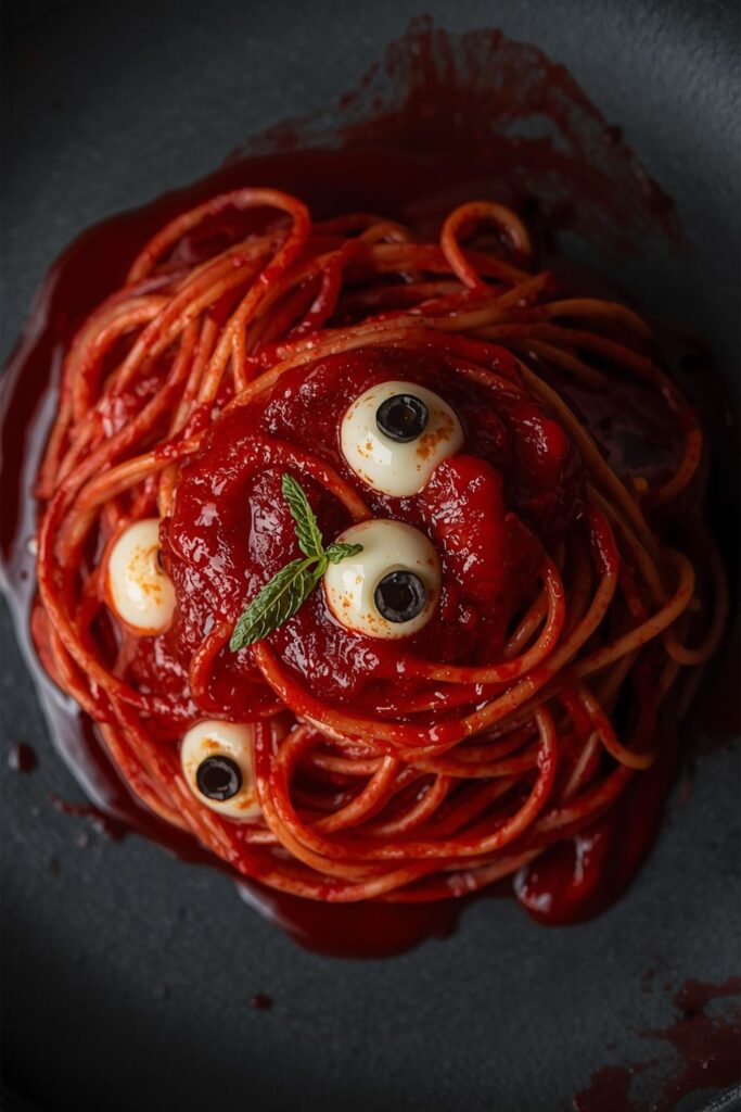Bloody Spaghetti with Mozzarella Eyeballs