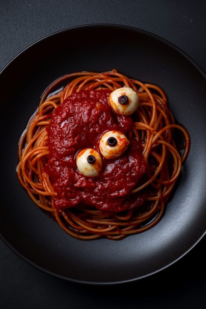 Bloody Spaghetti with Mozzarella Eyeballs