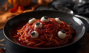 Bloody Spaghetti with Mozzarella Eyeballs